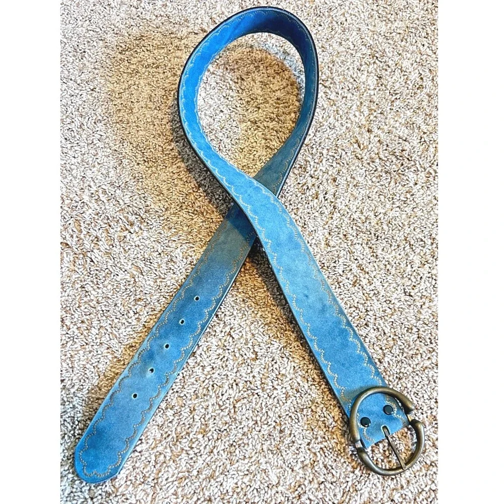 Boho Western Cowgirl Blue Sueded Polymer Western Stitch Belt Brass Buckle SZ 36